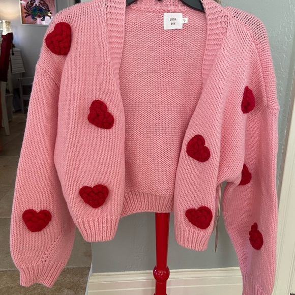Charming Pink Cardigan with Red Heart Accents NWT Size Small - Picture 5 of 5